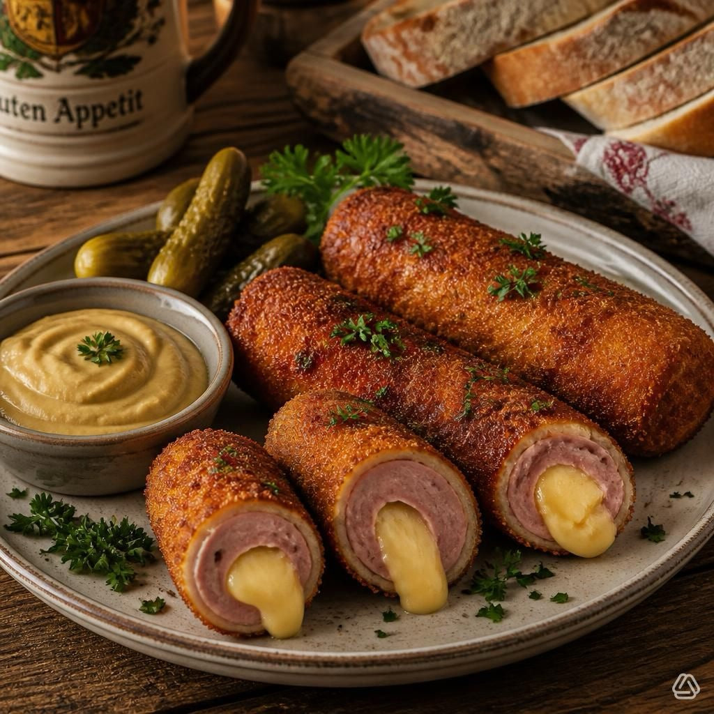 Panierte Käsekrainer mit Pommes