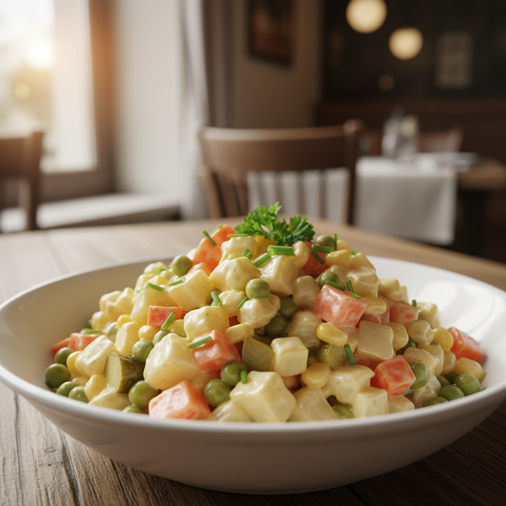Gemüse Mayonnaise Salat in einer weißen Schüssel