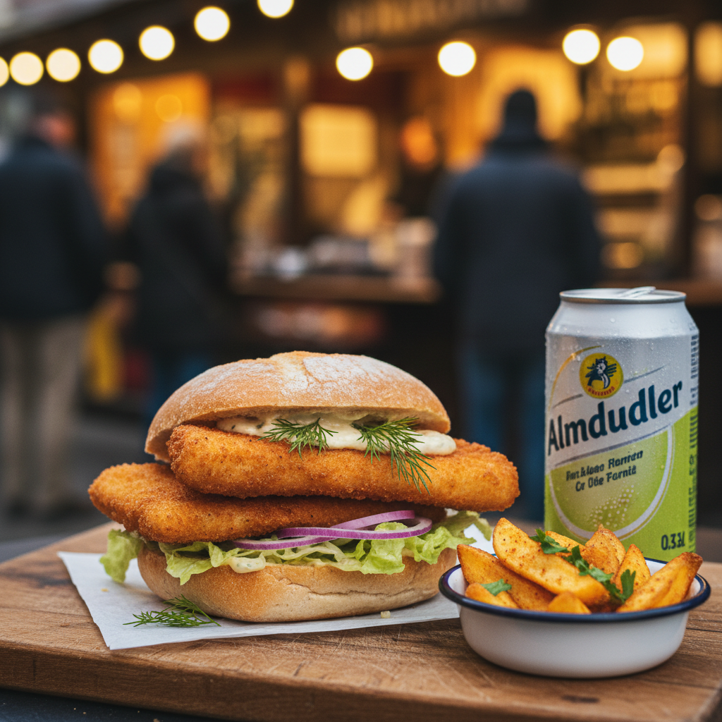 Fischsemmel mit Beilage und Dosengetränk