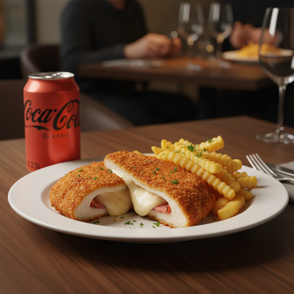 Cordon Bleu Portion mit Beilage und Dosengetränk