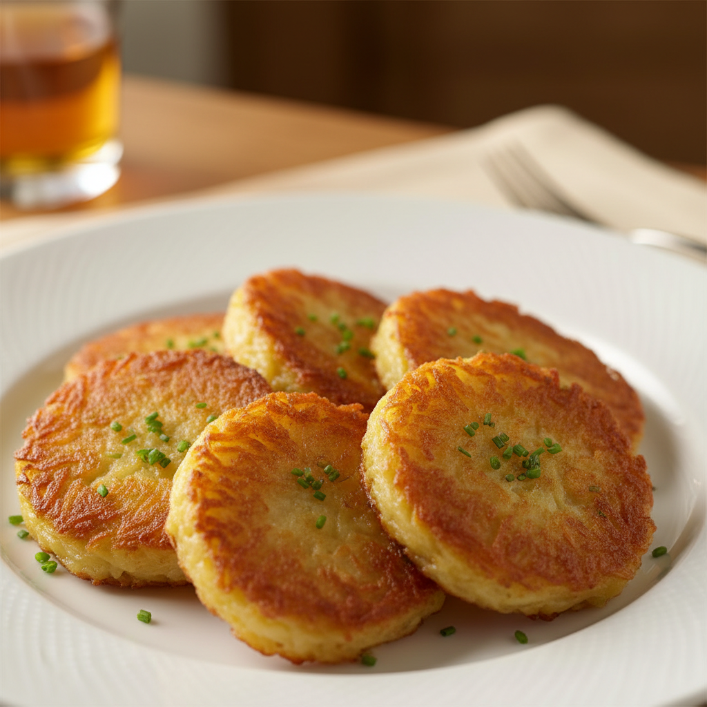 6 goldbraune Mini Röstitaschen auf einem weißen Teller