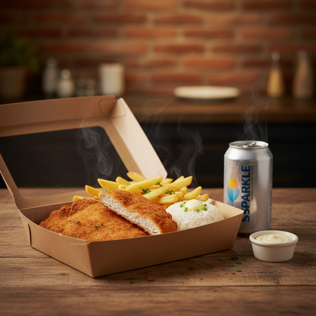 Schnitzelbox mit Pommes und Dosengetränk